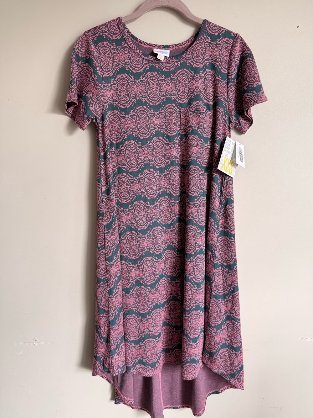 LuLaRoe Rose and Gray Printed Short-Sleeve Swing Carly Dress